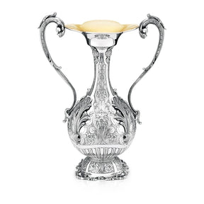 Silbervase 925 Silber Amphore 38 cm Signature — durchbrochener Bauch, zwei Voluten-Henkel, vergoldete Mündung, Zaramella