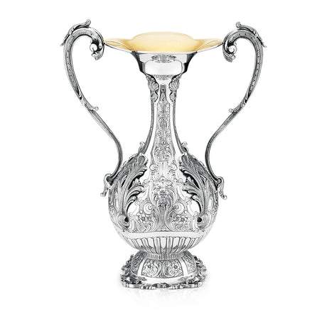 Silbervase 925 Silber Amphore 38 cm Signature — durchbrochener Bauch, zwei Voluten-Henkel, vergoldete Mündung, Zaramella