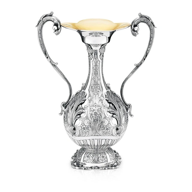 Silbervase 925 Silber Amphore 38 cm Signature — durchbrochener Bauch, zwei Voluten-Henkel, vergoldete Mündung, Zaramella
