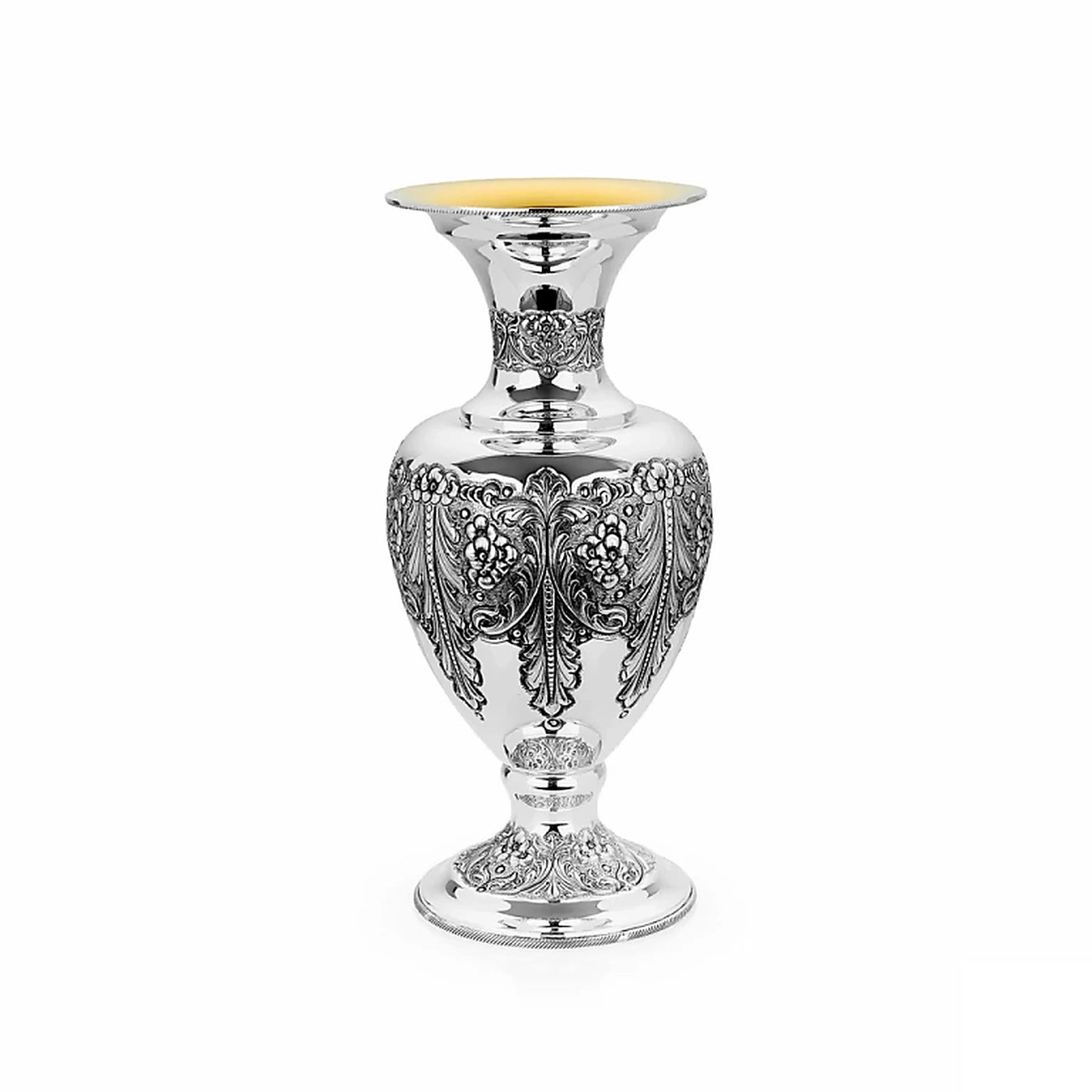 Silbervase 925 Silber Baluster 46 cm Signature — Girlandenband auf der Schulter, vergoldete Mündung, Zaramella