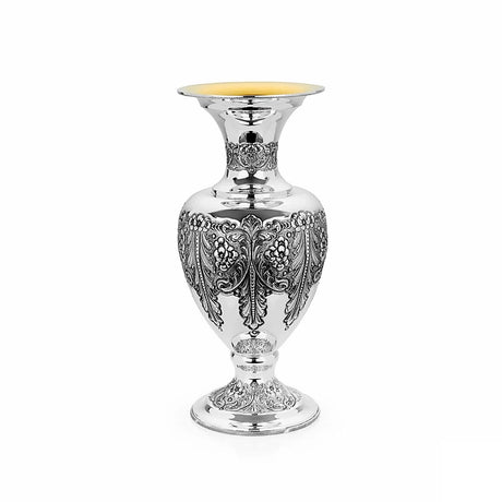 Silbervase 925 Silber Baluster 46 cm Signature — Girlandenband auf der Schulter, vergoldete Mündung, Zaramella