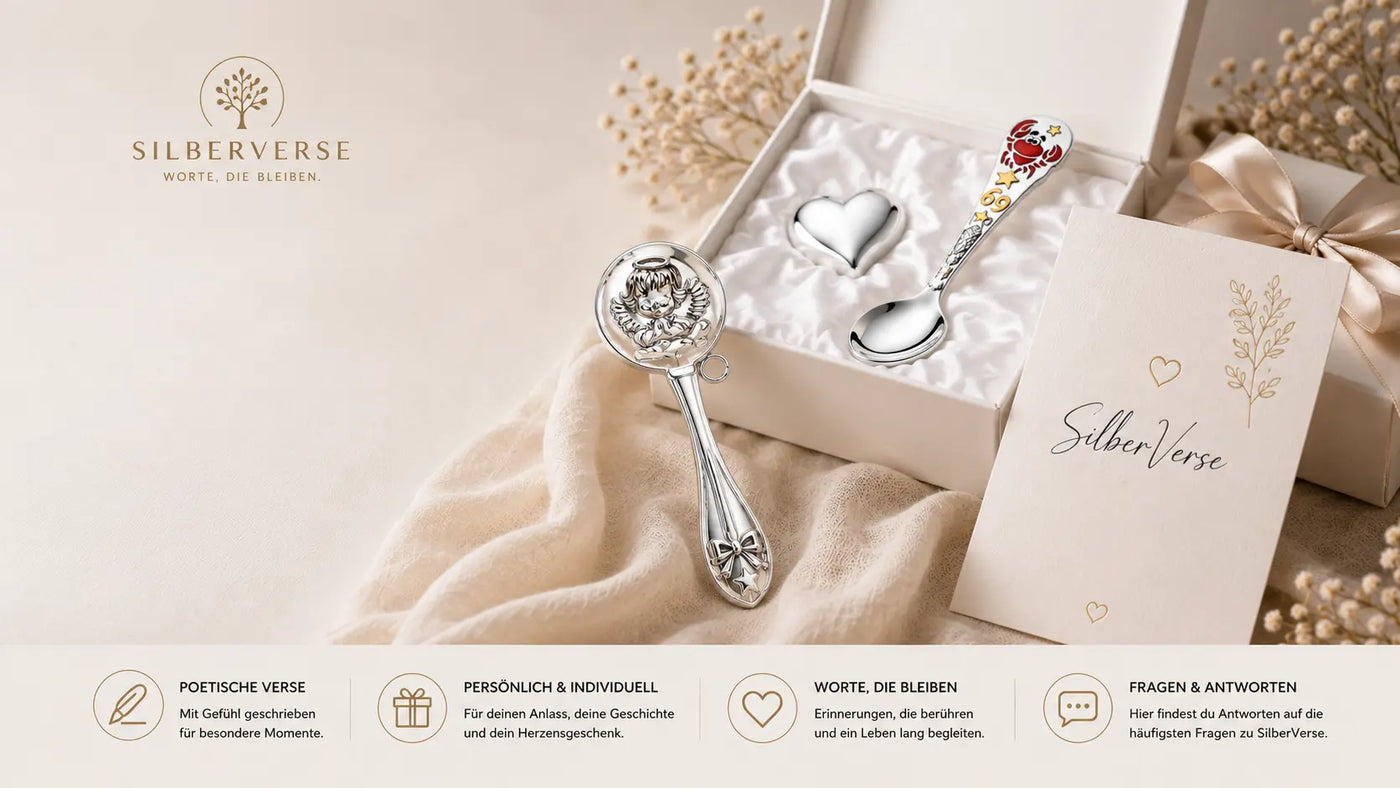 SilberVerse Banner mit Babyrassel und Sternzeichen Krebs Babylöffel aus 925 Silber als Geschenk zur Geburt oder Taufe
