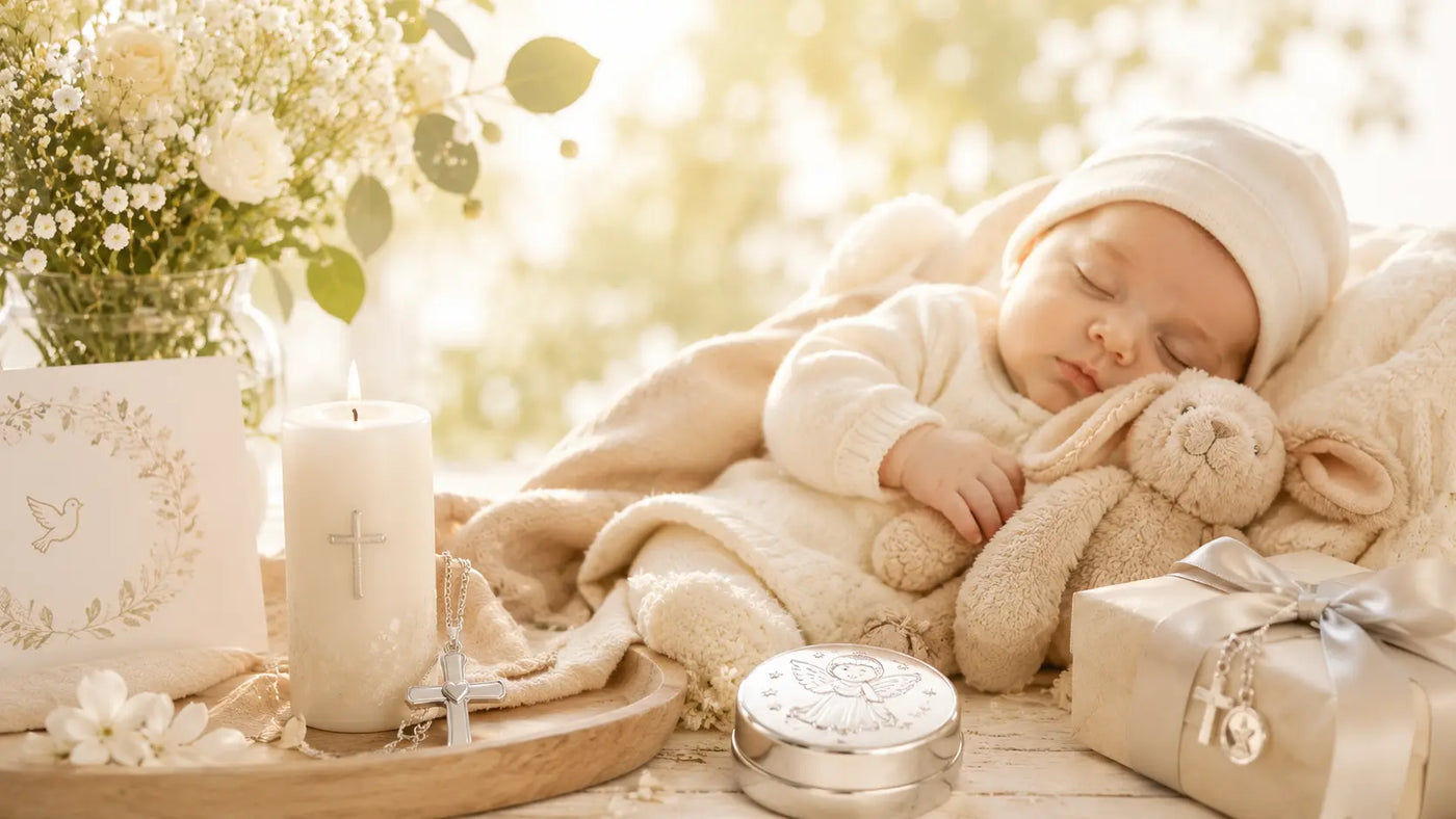 Eleganter Sommer-Banner mit Baby, Taufsymbolen und exklusiven Silbergeschenken für Taufe, Geburt und besondere Familienmomente.