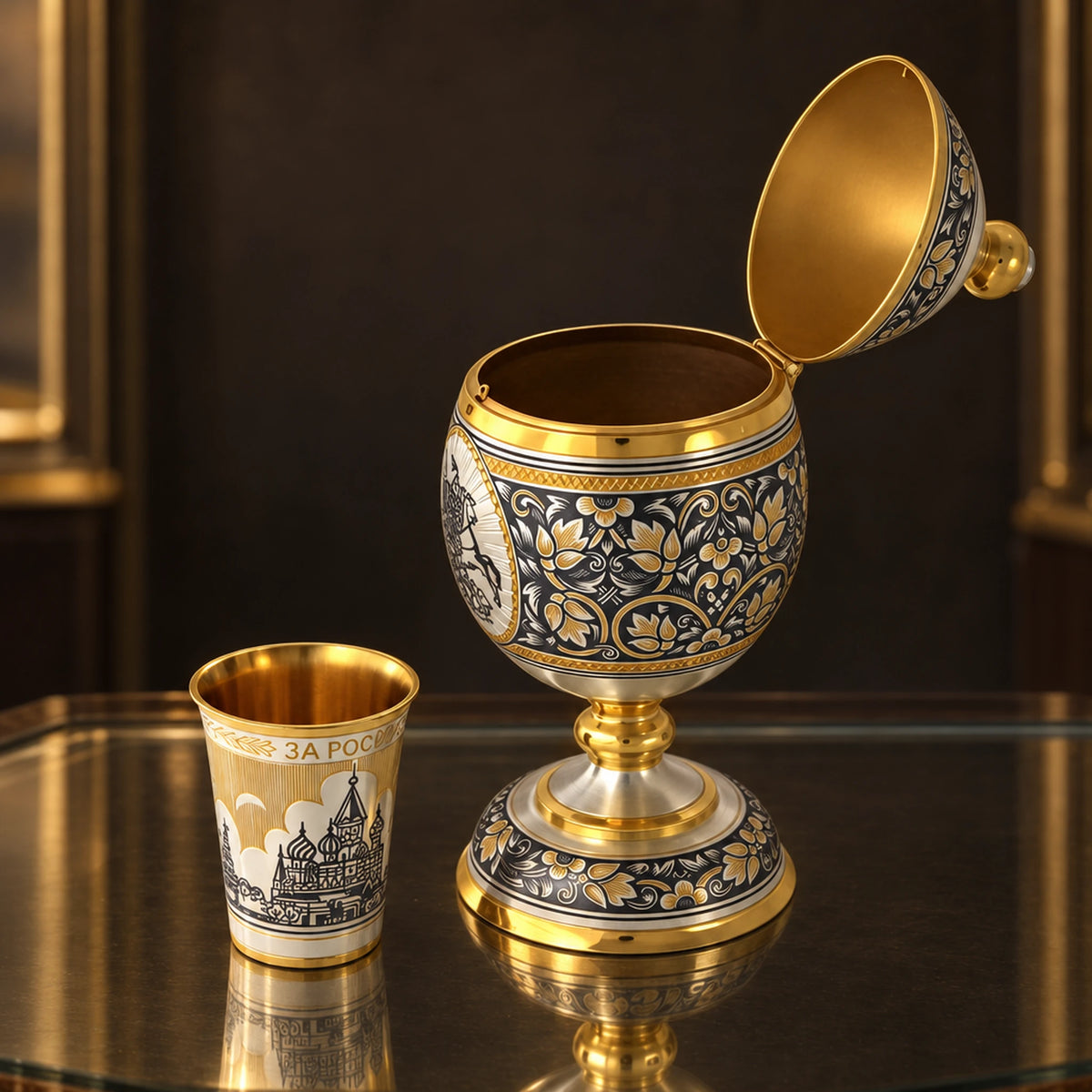Souvenir-Ei 925 Silber Niello Georg — Lifestyle-Setting in der Vitrine