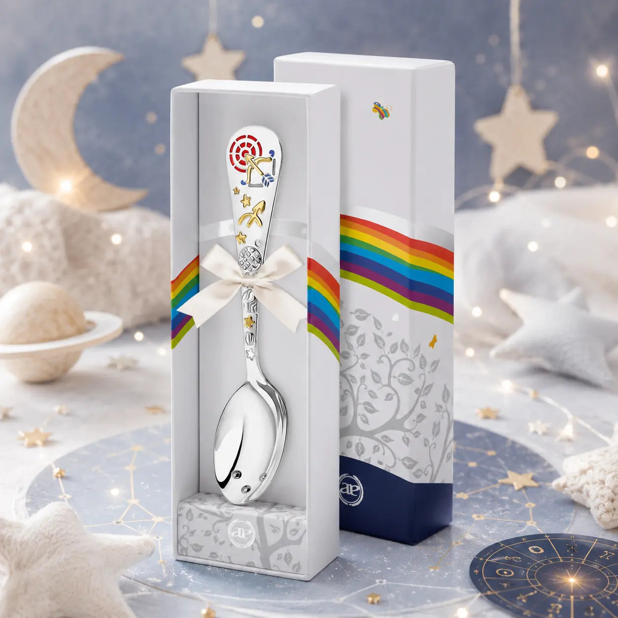 Sternzeichen-Babylöffel aus 925 Silber mit vergoldeten Sternzeichen-Motiven in Geschenkbox