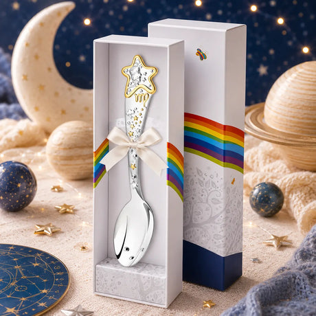 Sternzeichen Babylöffel Jungfrau aus 925 Silber mit Sternmotiv in eleganter Geschenkverpackung als neutrales Babygeschenk zur Geburt oder Taufe