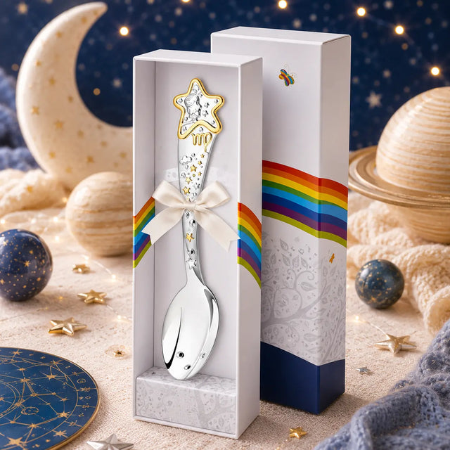 Sternzeichen Babylöffel Jungfrau aus 925 Silber mit Sternmotiv in eleganter Geschenkverpackung als neutrales Babygeschenk zur Geburt oder Taufe