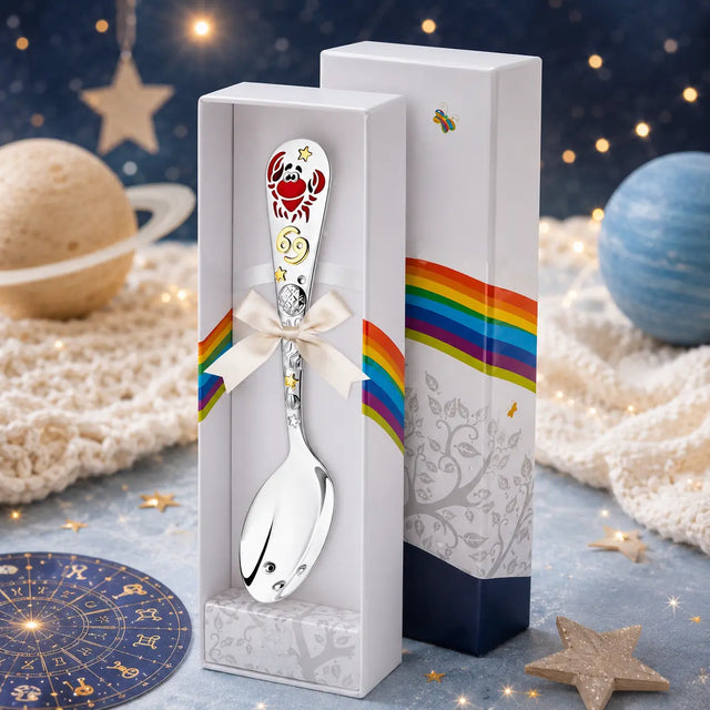 Sternzeichen Babylöffel Krebs aus 925 Silber mit rotem Krebs-Motiv und Sternzeichen-Design in stilvoller Geschenkbox