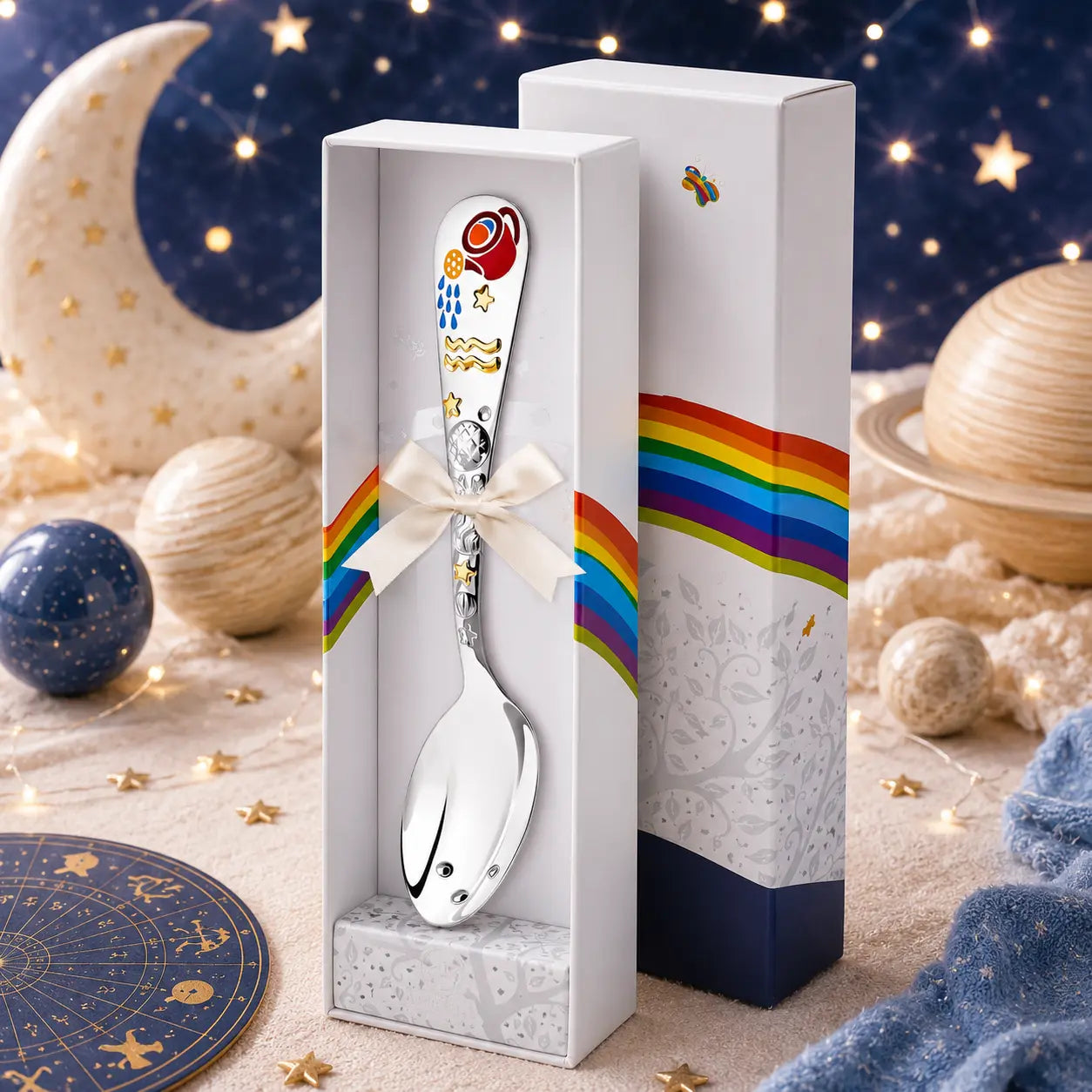 Babylöffel Sternzeichen Wassermann 925 Silber mit rotem Wasserkrug in DODO-Geschenkbox