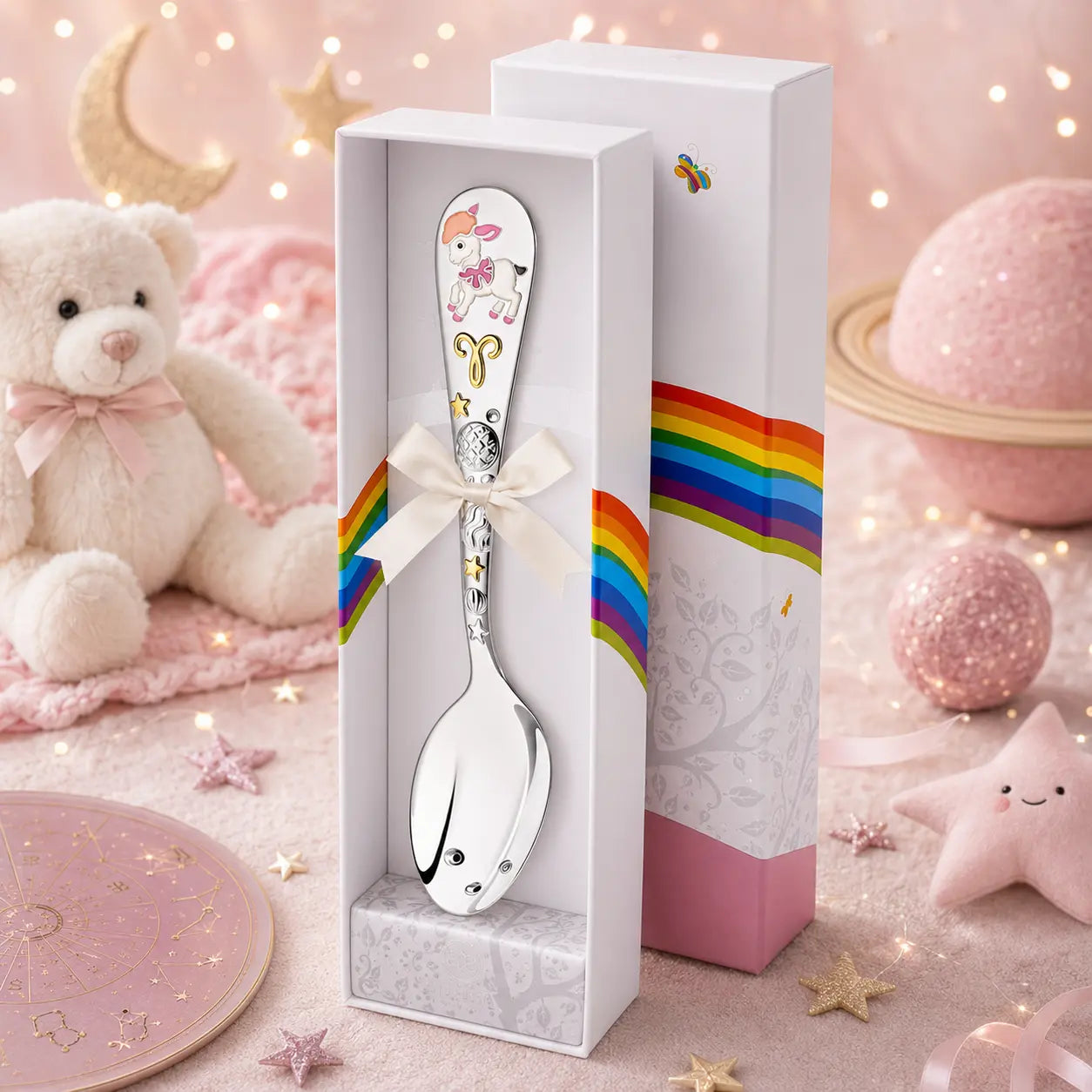 Babylöffel Sternzeichen Widder Mädchen 925 Silber, Emaille-Lamm mit rosa Schal, in DoDo-Geschenkbox mit Frühjahrs-Lifestyle.
