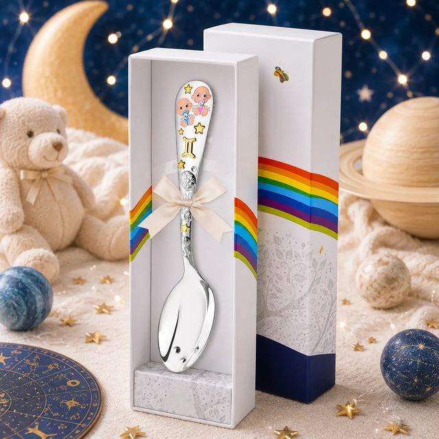 Babylöffel Sternzeichen Zwillinge aus 925 Silber mit Zwillinge-Motiv in Geschenkbox