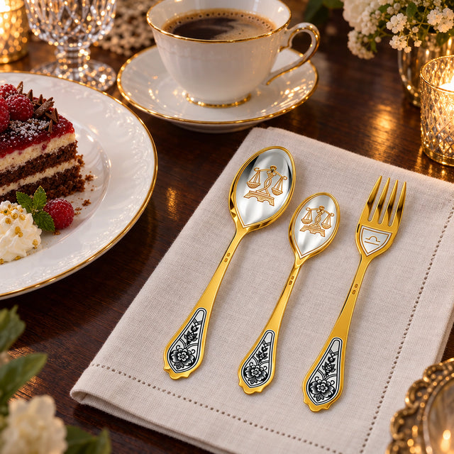 Sternzeichen-Set Waage: drei vergoldete Silberstücke an der Kaffeetafel neben Dessertteller und Tasse
