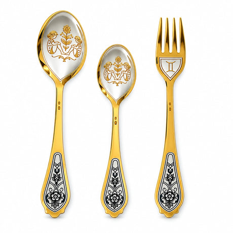 Sternzeichen-Set Zwillinge, 925 Silber vergoldet: Dessertlöffel, Dessertgabel, Teelöffel nebeneinander auf Weiß