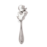 Stielförmige Babyrassel aus 925er Sterling-Silber mit glänzendem Entleinmotiv, polierte Oberfläche.