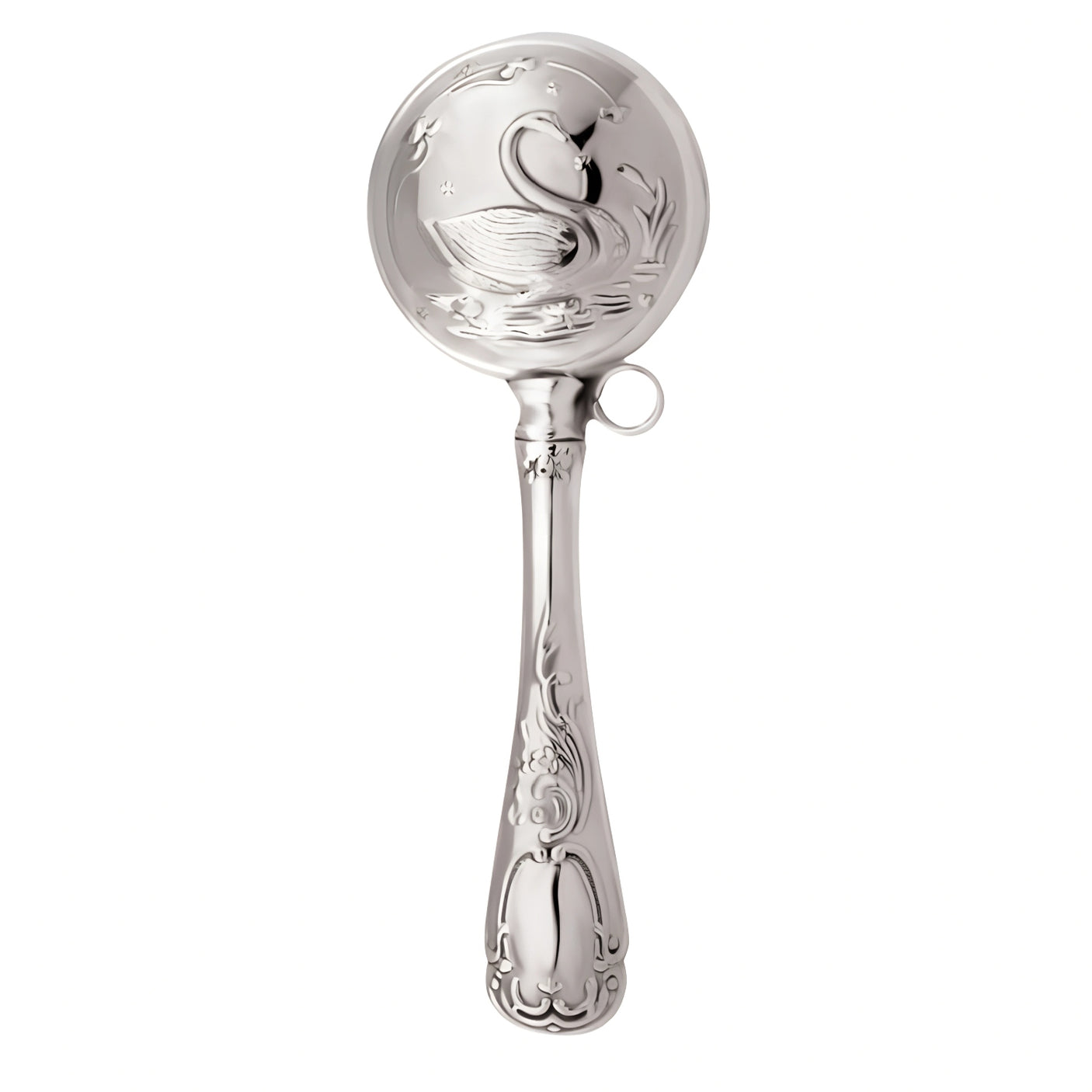 Stielförmige Babyrassel aus 925er Sterling-Silber mit filigranem Schwanmotiv, polierte Oberfläche.