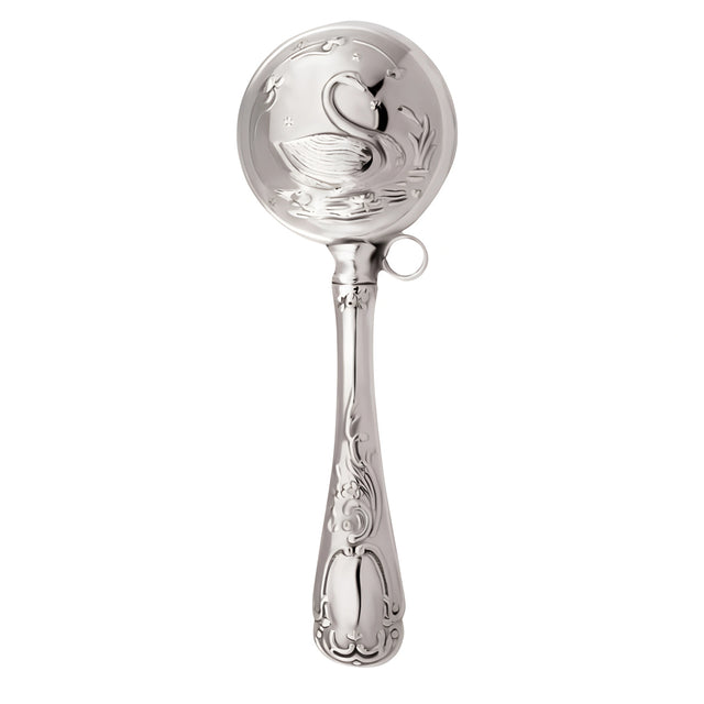 Stielförmige Babyrassel aus 925er Sterling-Silber mit filigranem Schwanmotiv, polierte Oberfläche.