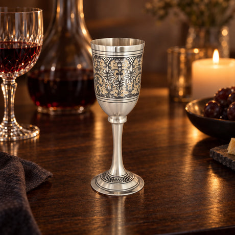 Stielglas 925 Silber Niello 140 ml — Lifestyle-Setting am Weintisch