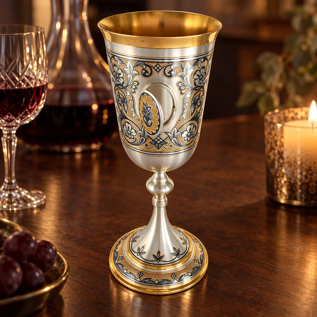 Stielglas 925 Silber Niello Medaillon mit Foto — Lifestyle-Setting am Weintisch