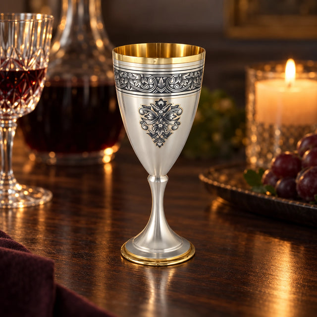 Stielglas 925 Silber Niello vergoldet — Lifestyle-Setting am Weintisch