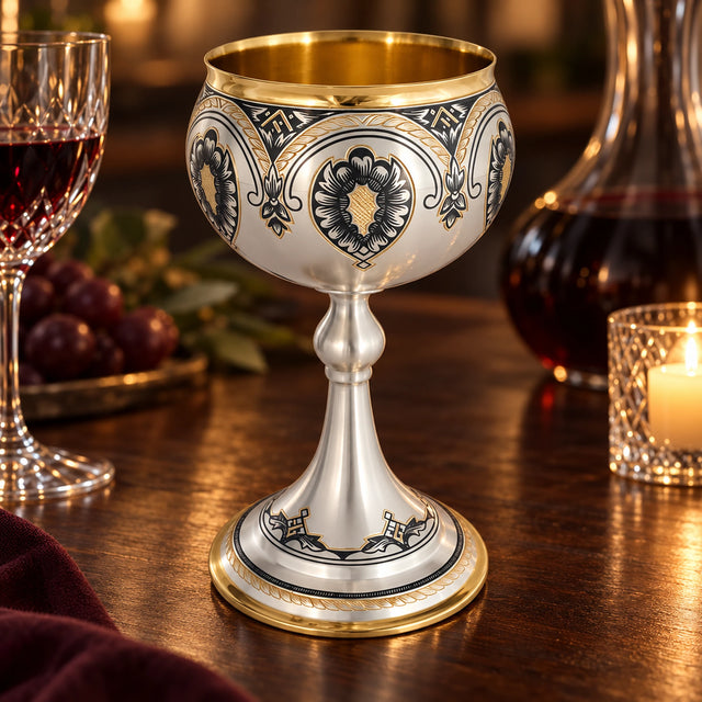 Stielglas 925 Silber Niello Fächer-Medaillon vergoldet — Lifestyle-Setting am Weintisch