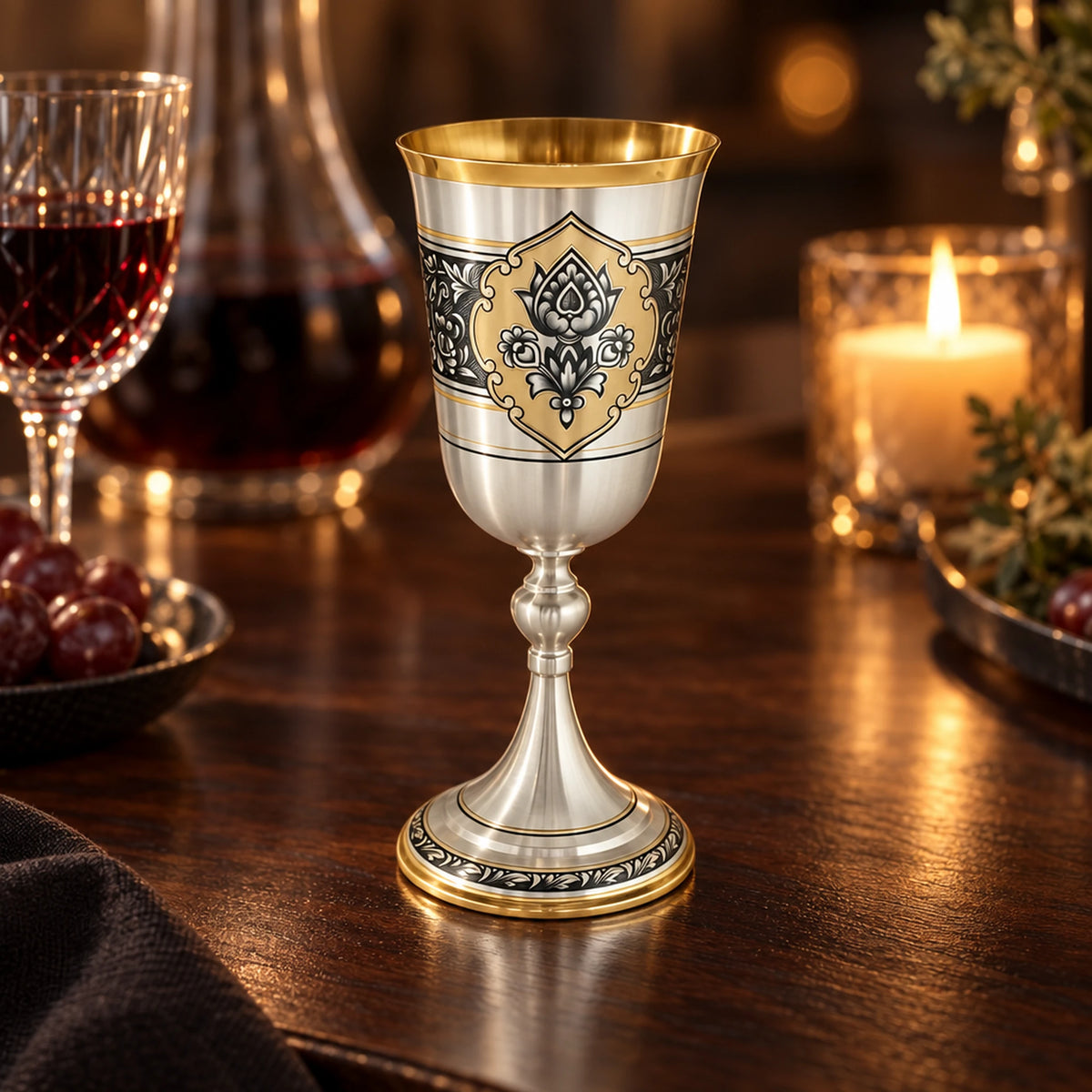 Stielglas 925 Silber Niello Lotusblüte vergoldet — Lifestyle-Setting am Weintisch