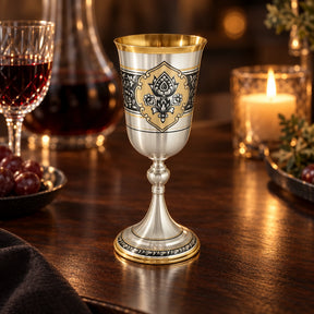 Stielglas 925 Silber Niello Lotusblüte vergoldet — Lifestyle-Setting am Weintisch