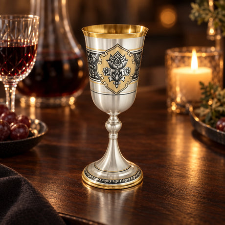 Stielglas 925 Silber Niello Lotusblüte vergoldet — Lifestyle-Setting am Weintisch