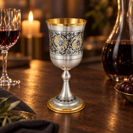 Stielglas 925 Silber Niello Floral vergoldet — Lifestyle-Setting am Weintisch