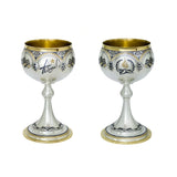 Pokal 925 Silber Niello Pobeda — zwei Stielkelche, Vorderseite mit Stern, Rückseite mit Ewiger-Flamme-Medaillon