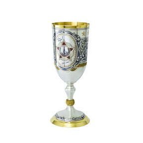Pokal 925 Silber Niello Siegesorden — Stielkelch mit vergoldetem Inneren, Goldmedaillon mit Orden und Lorbeerkranz