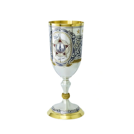 Pokal 925 Silber Niello Siegesorden — Stielkelch mit vergoldetem Inneren, Goldmedaillon mit Orden und Lorbeerkranz