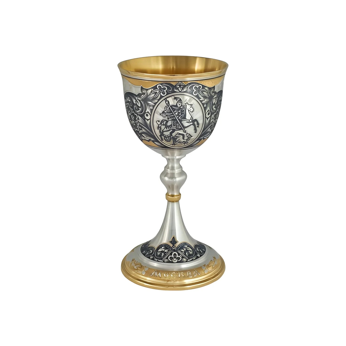 Stielglas 925 Silber Georg der Siegreiche vergoldet — Weinkelch mit Niello-Reiter-Medaillon und Goldfuß