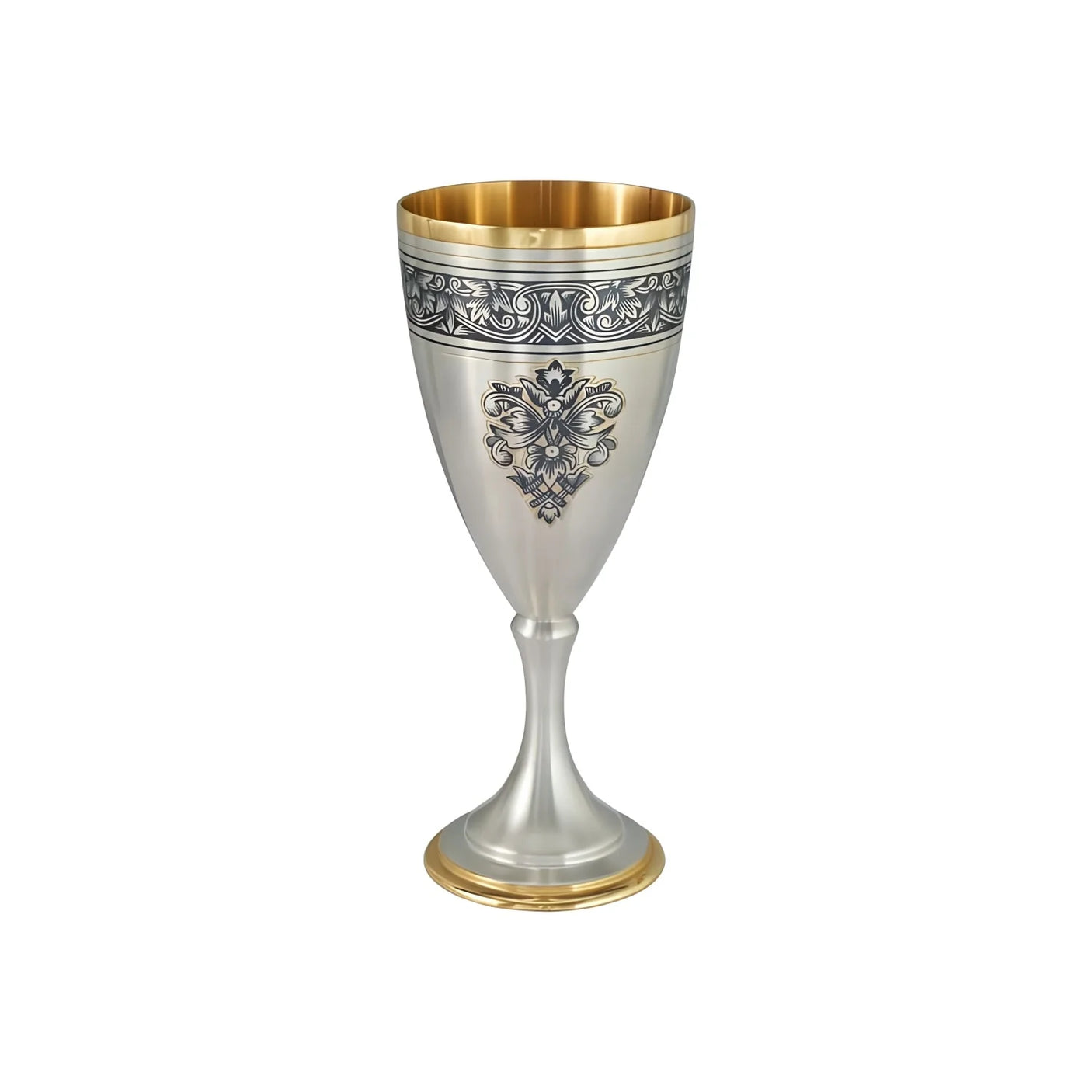Stielglas 925 Silber Niello vergoldet — Weinkelch mit Niello-Blütenmedaillon, goldener Innenseite und Fuß