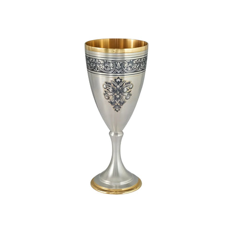 Stielglas 925 Silber Niello vergoldet — Weinkelch mit Niello-Blütenmedaillon, goldener Innenseite und Fuß