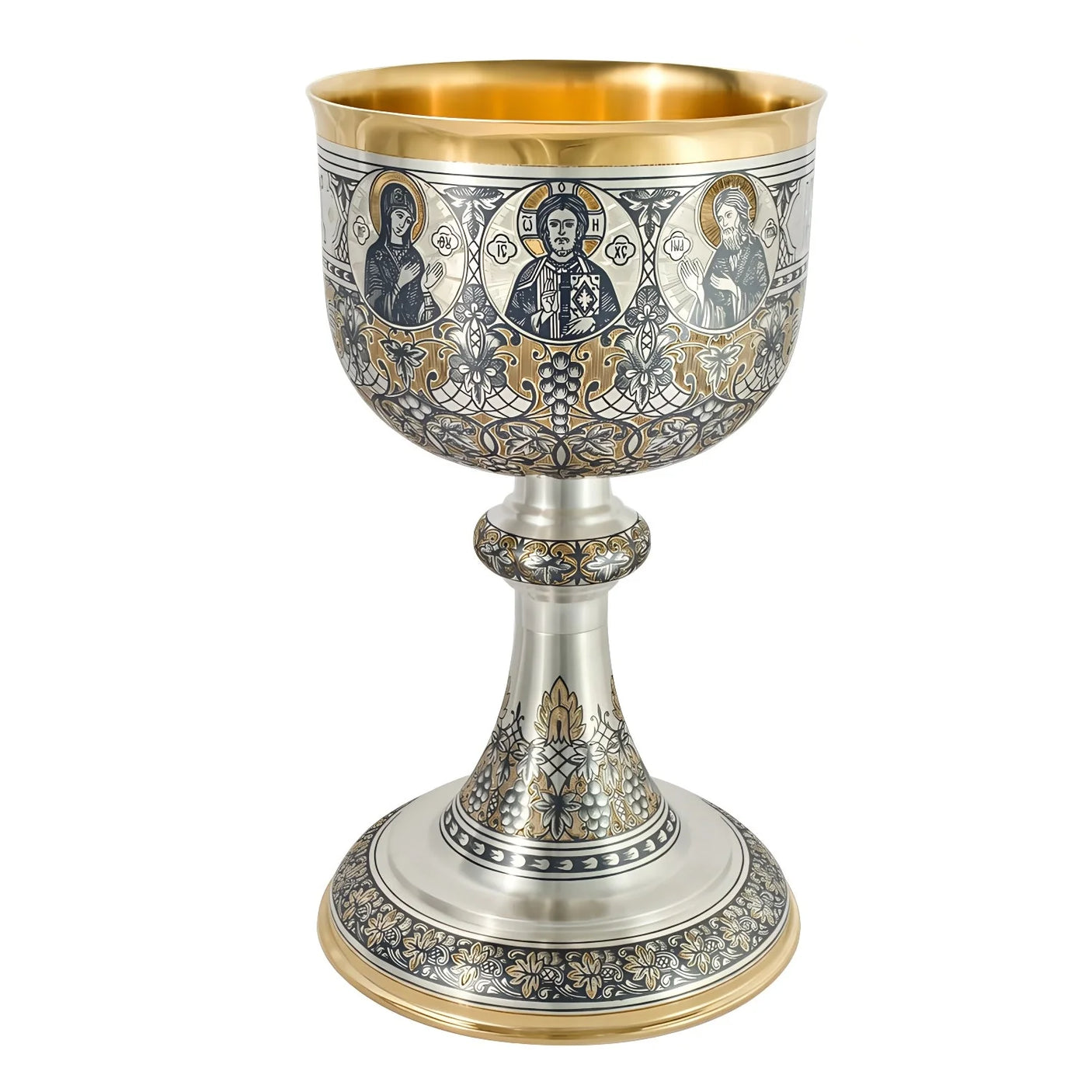 Liturgischer Kelch 925 Silber vergoldet — Potir mit drei Ikonen-Porträts, Christus zentral, Niello-Goldornament, für die Kirche