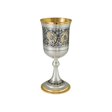 Stielglas 925 Silber Niello Floral vergoldet — Weinpokal mit goldenem Blütenband, goldener Innenseite und Fuß