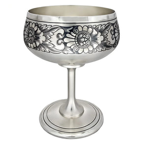 Weinpokal 925 Silber Niello Sonnenblume — Coupé-Kelch auf hohem Stiel mit dunklem Floralornament rund um die Kuppa