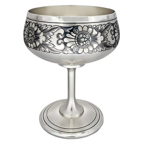 Weinpokal 925 Silber Niello Sonnenblume — Coupé-Kelch auf hohem Stiel mit dunklem Floralornament rund um die Kuppa