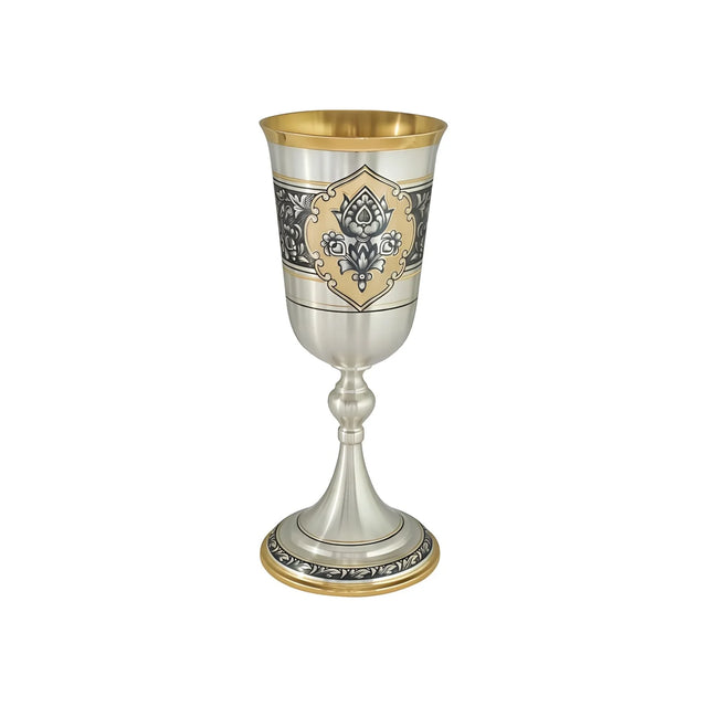 Stielglas 925 Silber Niello Lotusblüte vergoldet — Weinkelch mit goldenem Lotus-Medaillon und vergoldetem Fuß