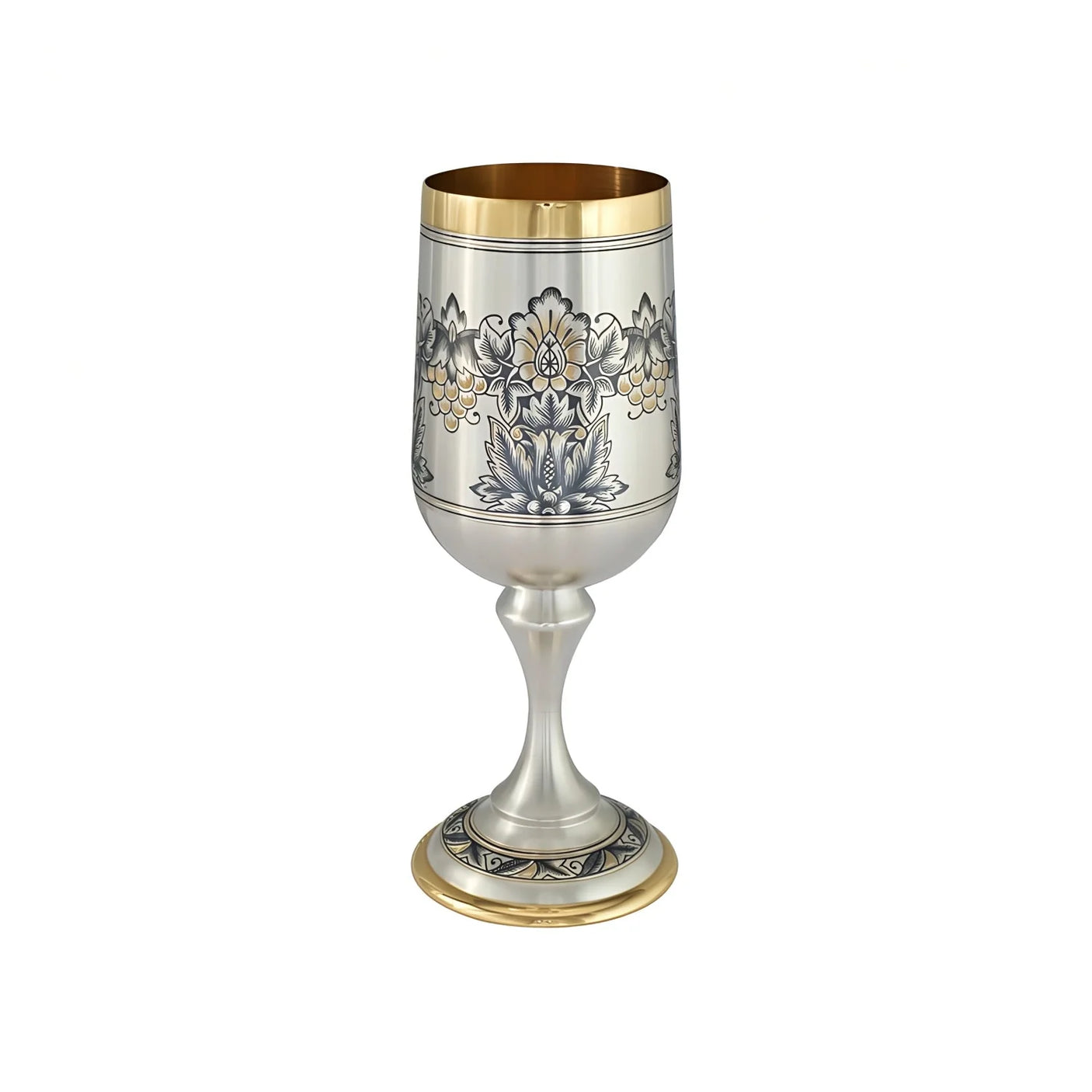 Stielglas 925 Silber Niello Weintrauben — Kelch mit dunklem Floralornament, vergoldeten Trauben, Goldrand und vergoldetem Fuß