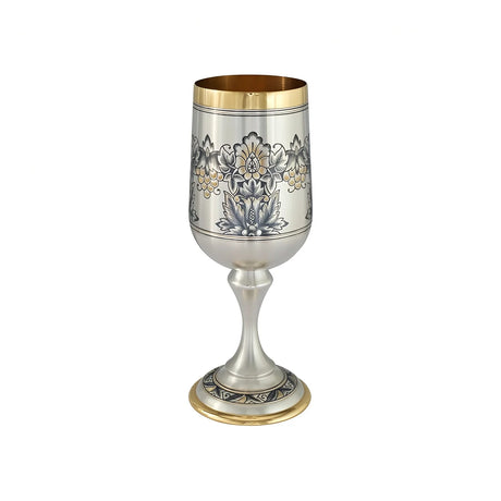 Stielglas 925 Silber Niello Weintrauben — Kelch mit dunklem Floralornament, vergoldeten Trauben, Goldrand und vergoldetem Fuß