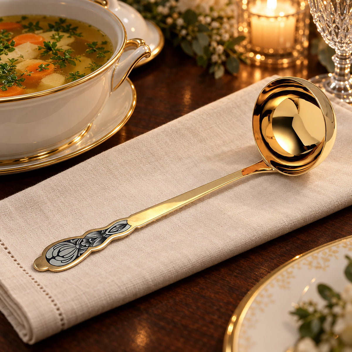 Suppenschöpfer aus 925 Silber, Niello und Vergoldung — Lifestyle-Setting an der gedeckten Tafel