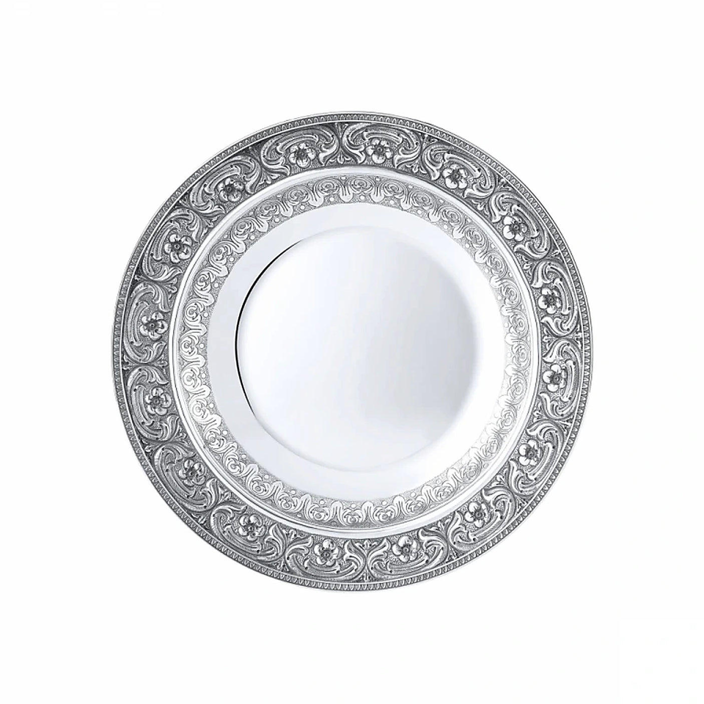 Suppenteller 925 Silber rund 26 cm Signature — breite ziselierte Fahne, glatte Mulde, Zaramella Italien