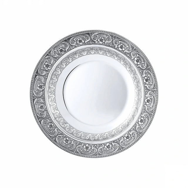 Suppenteller 925 Silber rund 26 cm Signature — breite ziselierte Fahne, glatte Mulde, Zaramella Italien