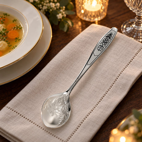 Tafellöffel aus 925 Silber mit Niello, Astra Black Gravur — Lifestyle-Setting an der gedeckten Tafel