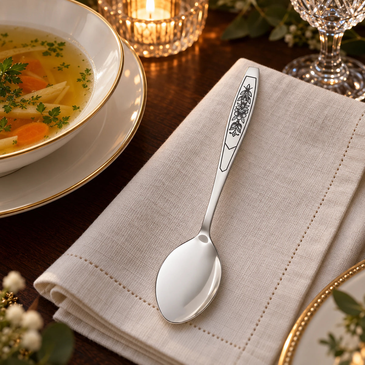 Tafellöffel 925 Silber mit Niello — Lifestyle-Setting an der gedeckten Tafel