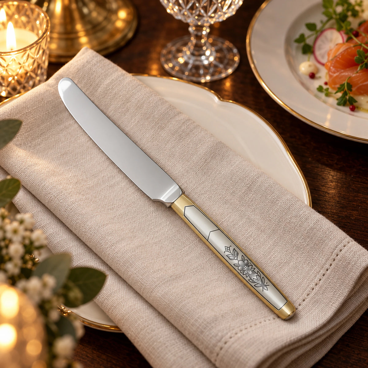 Tafelmesser 925 Silber vergoldet & Niello — Lifestyle-Setting an der gedeckten Tafel