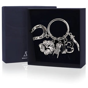 alisman Schlüsselanhänger 925 Silber mit 5 Symbolen (Hufeisen, Kleeblatt, 13, Glückshorn, Tassel) – eleganter Glücksbringer als Geschenk.