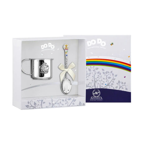 Geschenkset 2-teilig aus 925 Silber: Kinderbecher & Tauf-Löffel mit Engel-Motiv in Emaille Rosa, in Geschenkbox – ideales Taufgeschenk.