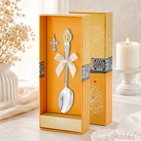 Edles Taufgeschenk aus 925 Silber mit Schutzengel-Tauflöffel und filigranem Silberkreuz in luxuriöser Geschenkbox